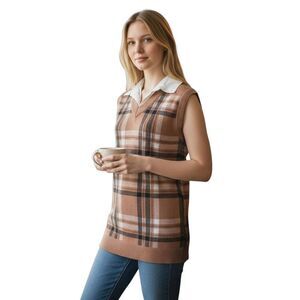 JONES & CO JONES NEW YORK TAN & BLACK SWEATER VEST WITH COLLER SZ.XS EUC.